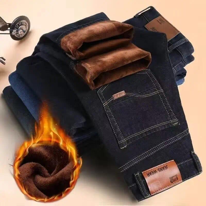 Men's Autumn Winter Jeans Fleece-Lined And Thickened Straight-Leg Loose-Fit Plus Size For Cold Weather Outdoor Wear