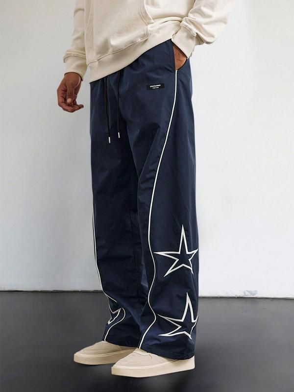 Men's Star Embroidery Drawstring Waist Sweatpants, 2024 New Style Casual Pocket Straight Leg Trousers for Daily Wear, Fashion Men's Bottoms for All Seasons