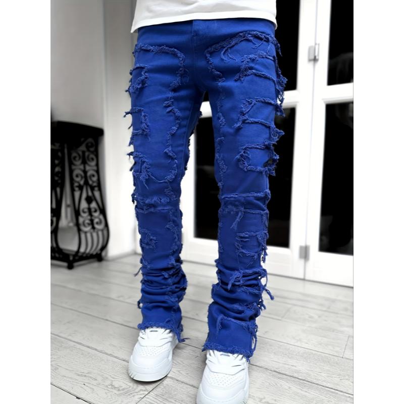 Men's Creative Tassel Straight Leg Jeans, Men's Casual Medium Stretch Street Style Hip Hop Barrel Jeans For All Seasons