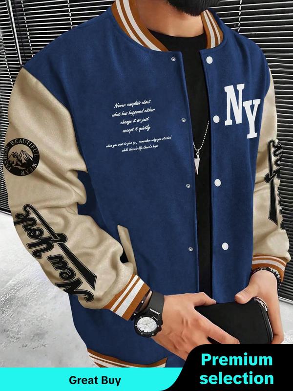 Men's Colorblock & Letter Print Button Front Pocket Varsity Jacket,  Winter Outfits 2024 Regular Fit Casual Drop Shoulder Mock Neck Outerwear for Fall & Winter, Men's Clothes for Daily Wear, Fall Outfits, Fallfreshness