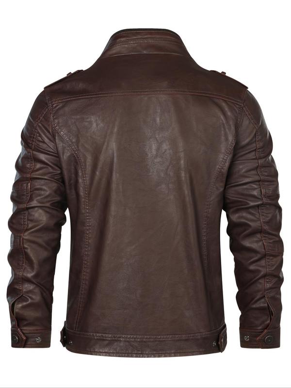 Men's Solid Color Retro Stylish PU Leather Jacket, Regular Fit Casual Long Sleeve Zipper Bomber Jacket for Fall & Winter, Men's Outerwear for Daily Wear