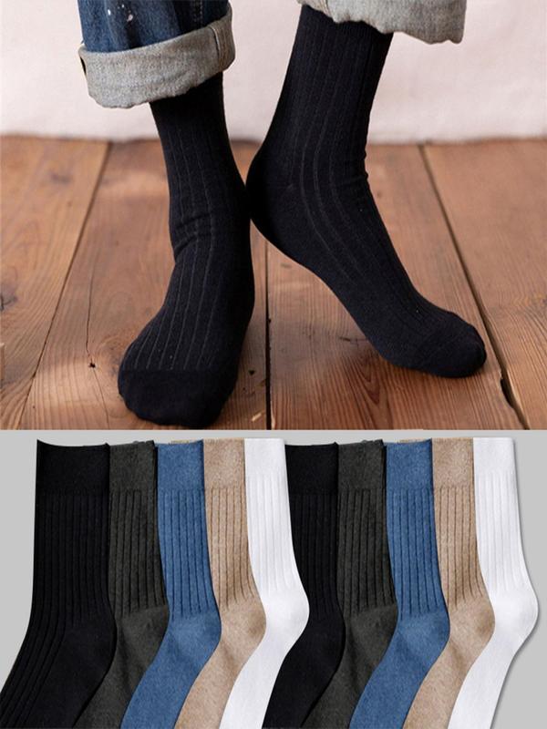 Men's 10 Pairs Solid Moisture Wicking Crew Socks, Casual Comfy Breathable Mid-calf Socks for Daily Wear, Multipack Knit Socks for All Seasons