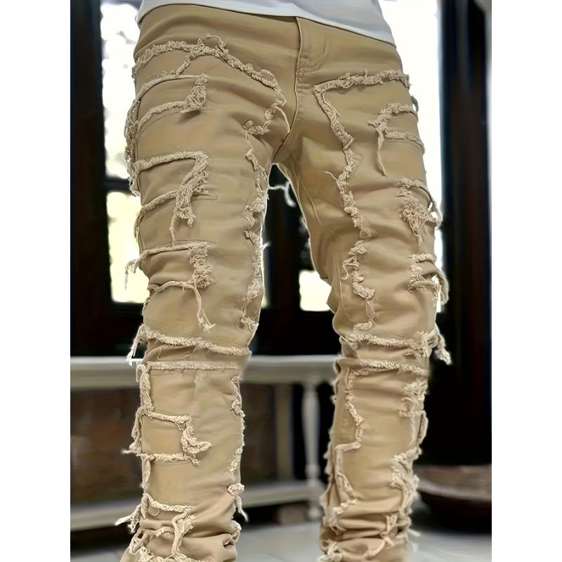 Men's Creative Tassel Straight Leg Jeans, Men's Casual Medium Stretch Street Style Hip Hop Barrel Jeans For All Seasons