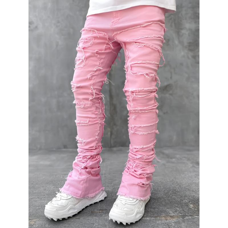 Men's Creative Tassel Straight Leg Jeans, Men's Casual Medium Stretch Street Style Hip Hop Barrel Jeans For All Seasons