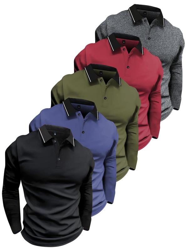 Men's Solid Long Sleeve Polo Shirt, Polo Collar Shirt, Casual Regular Fit Button Front Top for Summer, Fashion Men's Clothes for Daily Wear