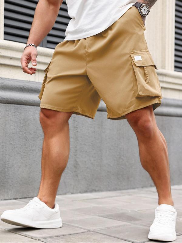 Men's Plus Size Plain Patched Pocket Cargo Shorts, Regular Fit Casual Drawstring Elastic Waist Shorts for Daily Wear, Shorts for Men, Men's Plus Size Bottoms for All Seasons