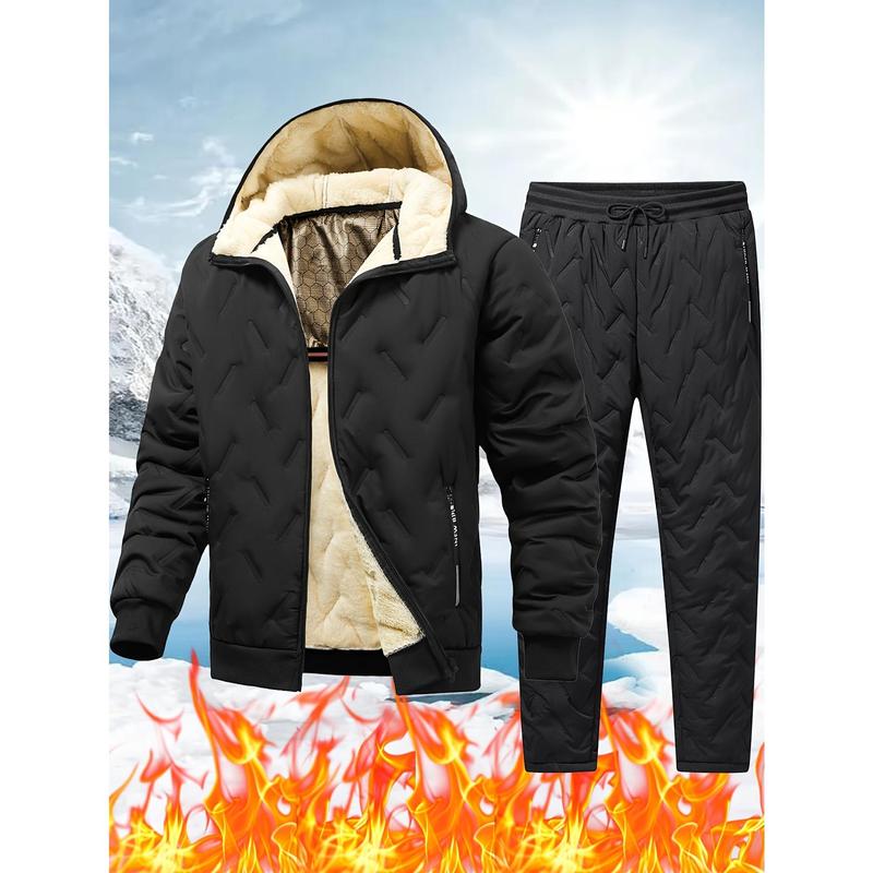 Men's Winter Fleece-Lined Hooded Jacket & Pants Set - Casual, Warm Outdoor Gear with Zipper Pockets Clothing Collar