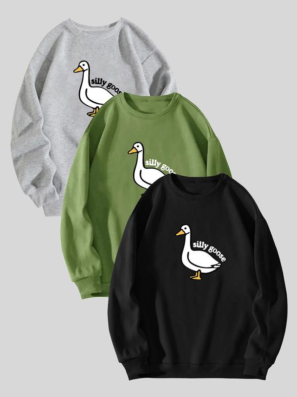 Unisex Men's Cartoon Goose & Letter Print Crewneck Graphic Sweatshirt, Essentials Sweatshirt, Loose Long Sleeve Graphic Sweatshirt, Back To School Designer Clothing, Men's Drippy Outfits Going Out Outfit, Size Runs A Little Large