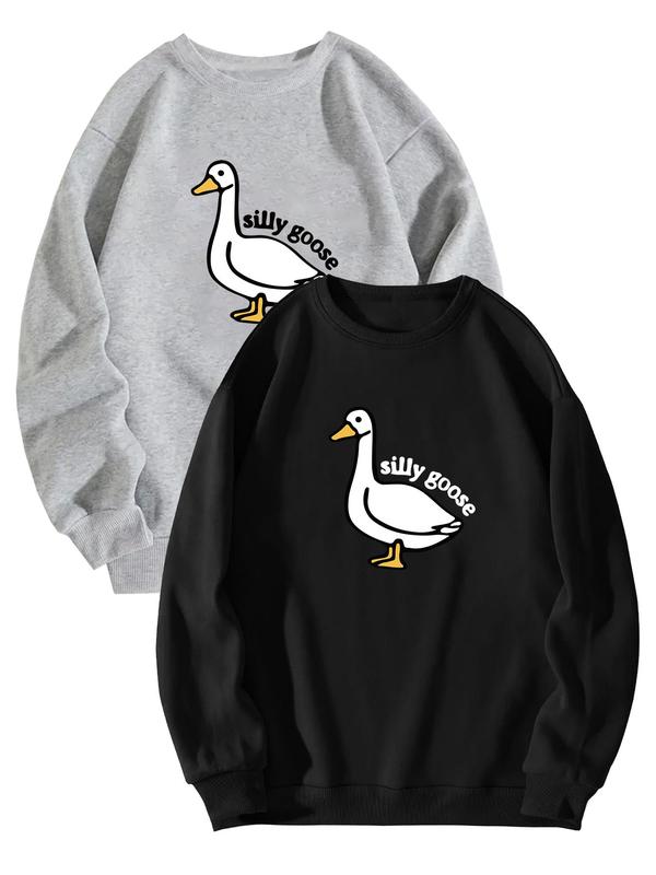 Unisex Men's Cartoon Goose & Letter Print Crewneck Graphic Sweatshirt, Essentials Sweatshirt, Loose Long Sleeve Graphic Sweatshirt, Back To School Designer Clothing, Men's Drippy Outfits Going Out Outfit, Size Runs A Little Large