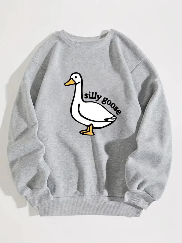 Unisex Men's Cartoon Goose & Letter Print Crewneck Graphic Sweatshirt, Essentials Sweatshirt, Loose Long Sleeve Graphic Sweatshirt, Back To School Designer Clothing, Men's Drippy Outfits Going Out Outfit, Size Runs A Little Large