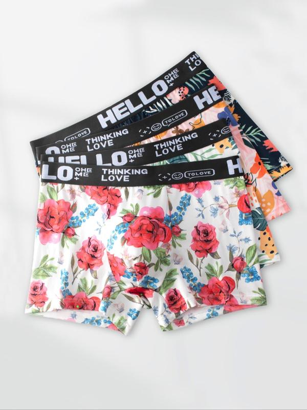 Men's Floral Print Contrast Letter Tape Boxer Brief, Casual Comfy Breathable Underwear for Daily Wear, Mens Underwear for All Seasons