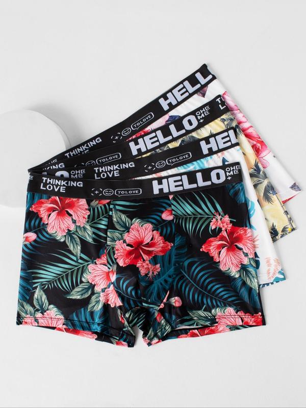 Men's Floral Print Contrast Letter Tape Boxer Brief, Casual Comfy Breathable Underwear for Daily Wear, Mens Underwear for All Seasons