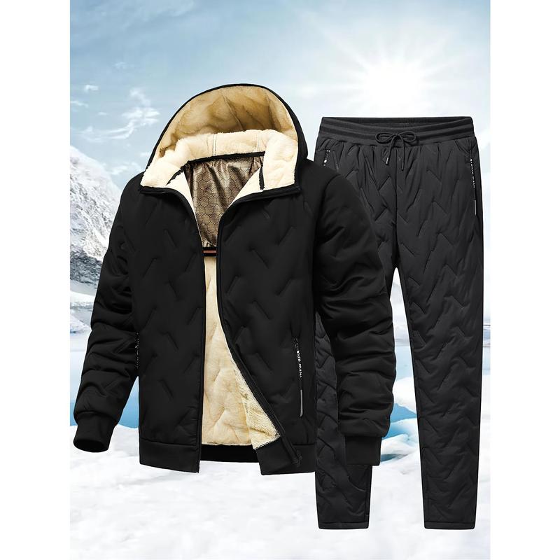 Men's Winter Fleece-Lined Hooded Jacket & Pants Set - Casual, Warm Outdoor Gear with Zipper Pockets Clothing Collar