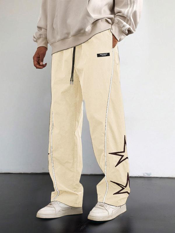 Men's Star Embroidery Drawstring Waist Sweatpants, 2024 New Style Casual Pocket Straight Leg Trousers for Daily Wear, Fashion Men's Bottoms for All Seasons