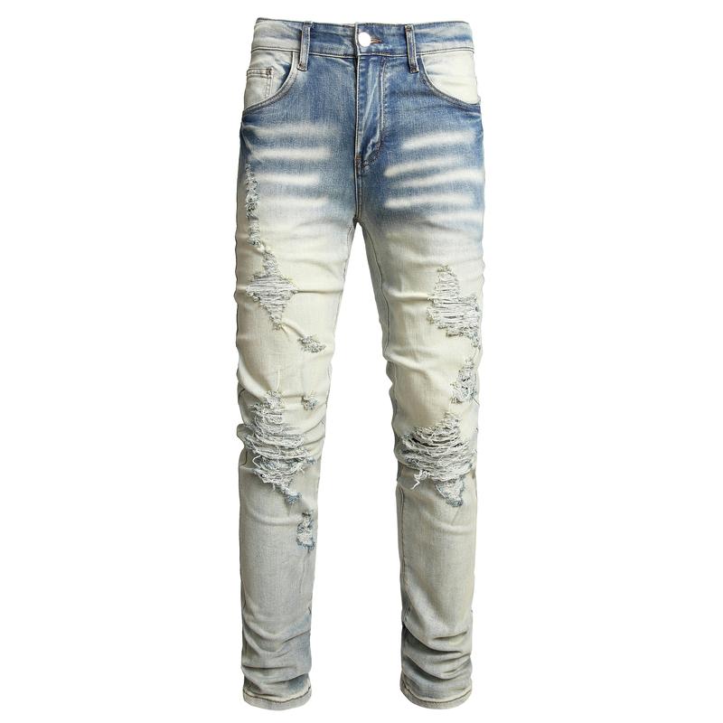 High Street Fashion Men Jeans Retro Blue Stretch Skinny Fit Hole Ripped Jeans Men Patched Designer Hip Hop Brand Pants Hombre