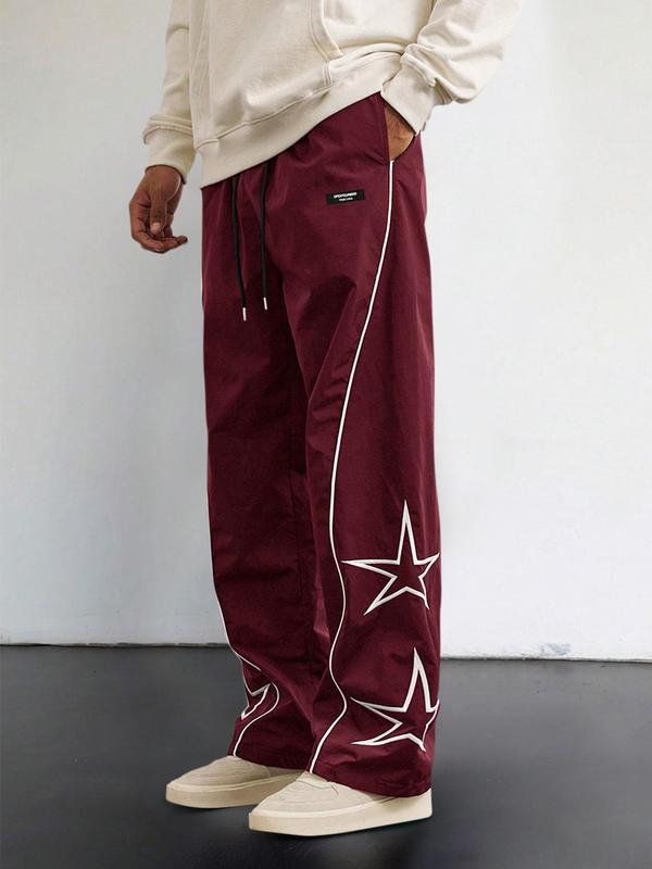 Men's Star Embroidery Drawstring Waist Sweatpants, 2024 New Style Casual Pocket Straight Leg Trousers for Daily Wear, Fashion Men's Bottoms for All Seasons