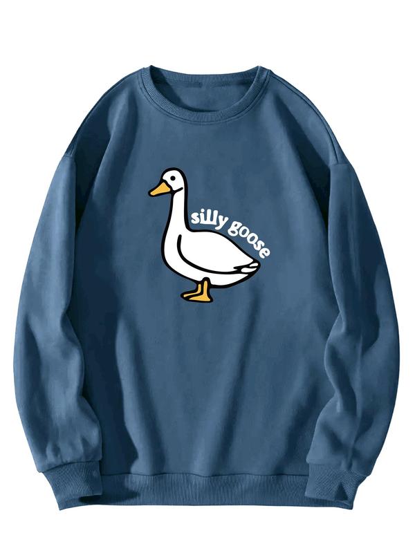 Unisex Men's Cartoon Goose & Letter Print Crewneck Graphic Sweatshirt, Essentials Sweatshirt, Loose Long Sleeve Graphic Sweatshirt, Back To School Designer Clothing, Men's Drippy Outfits Going Out Outfit, Size Runs A Little Large