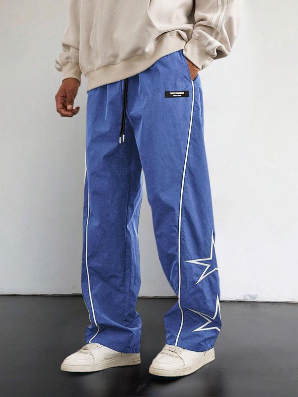 Men's Star Embroidery Drawstring Waist Sweatpants, 2024 New Style Casual Pocket Straight Leg Trousers for Daily Wear, Fashion Men's Bottoms for All Seasons