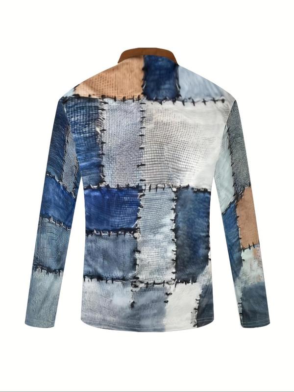 Men's Patchwork Denim-Effect Print Half Button Polo Shirt, Regular Fit Casual Long Sleeve Collared Top for Daily Outdoor Wear, Fashion Men's Clothes for All Seasons