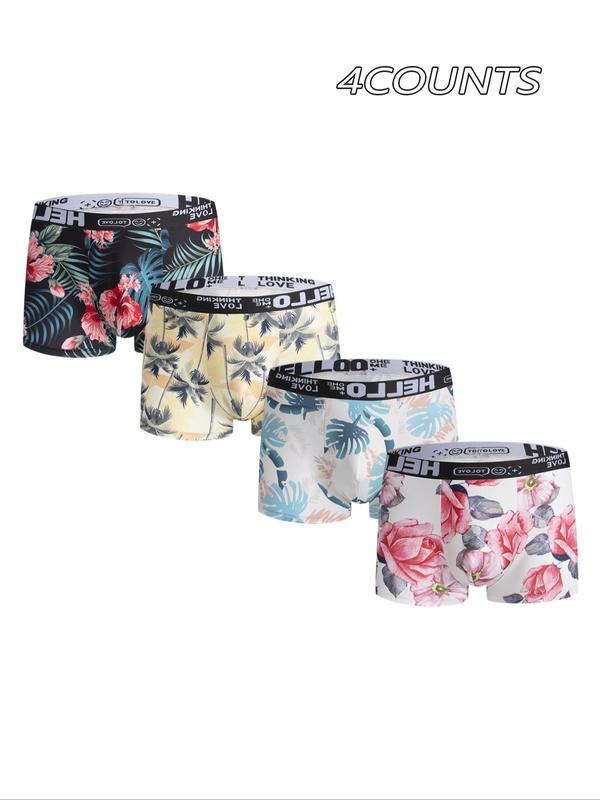 Men's Floral Print Contrast Letter Tape Boxer Brief, Casual Comfy Breathable Underwear for Daily Wear, Mens Underwear for All Seasons