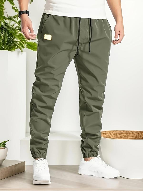 Men's Solid Color Patched Drawstring Waist Pants, Loose Casual Pocket Elastic Waist Trousers for Daily Wear, Men's Bottoms for All Seasons