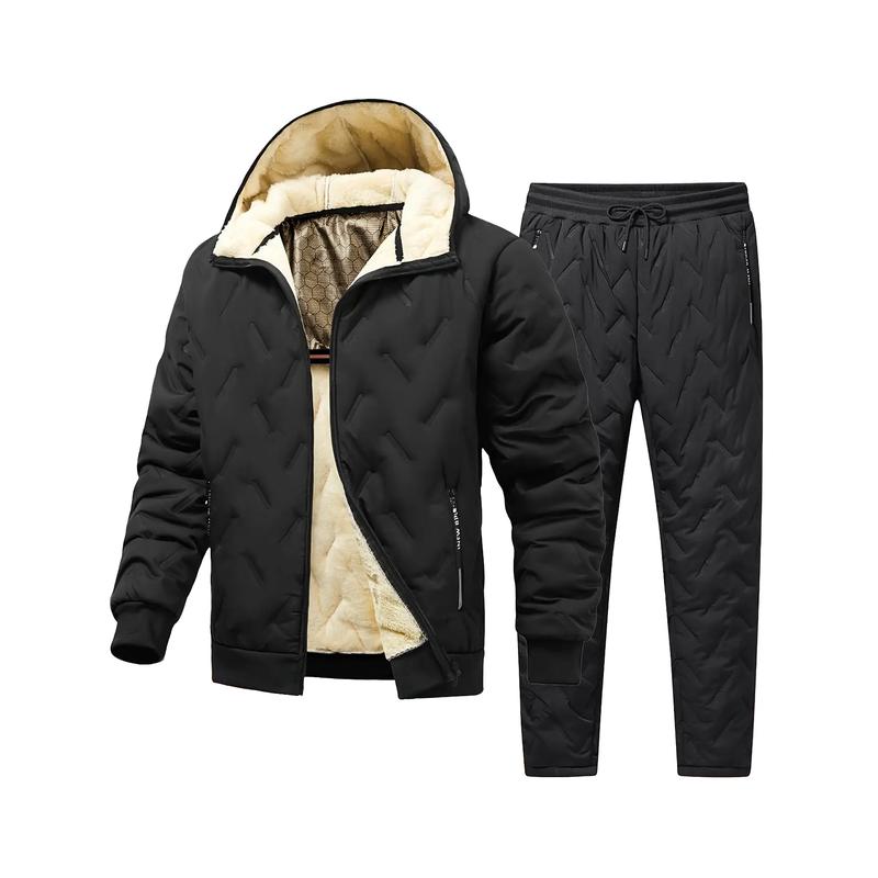 Men's Winter Fleece-Lined Hooded Jacket & Pants Set - Casual, Warm Outdoor Gear with Zipper Pockets Clothing Collar