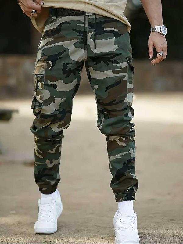 Men's Camo Print Drawstring Waist Cargo Pants, Casual Regular Fit Pocket Elastic Waist Trousers for Outdoor Hiking Camping, Men's Bottoms for Spring & Fall