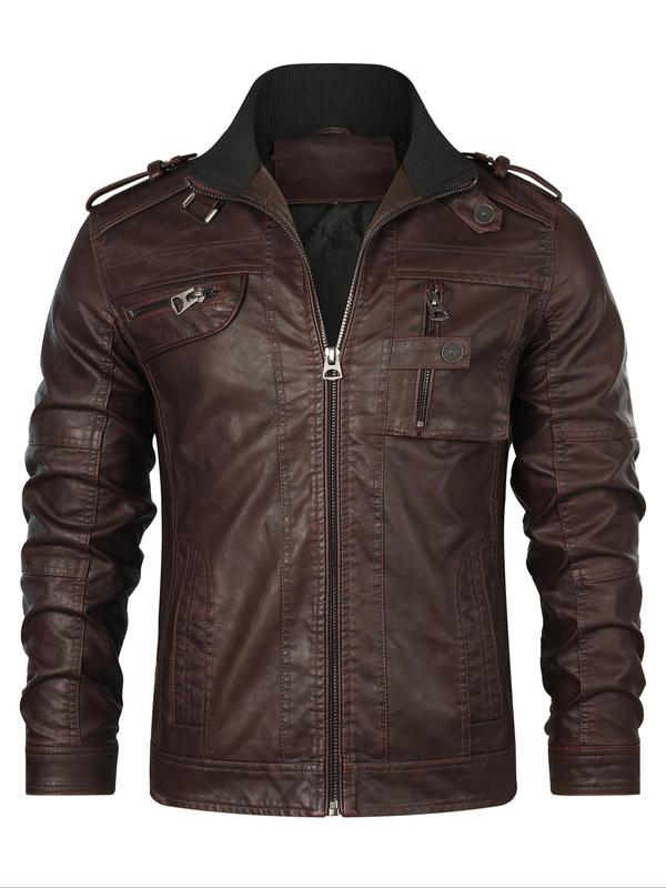 Men's Solid Color Retro Stylish PU Leather Jacket, Regular Fit Casual Long Sleeve Zipper Bomber Jacket for Fall & Winter, Men's Outerwear for Daily Wear