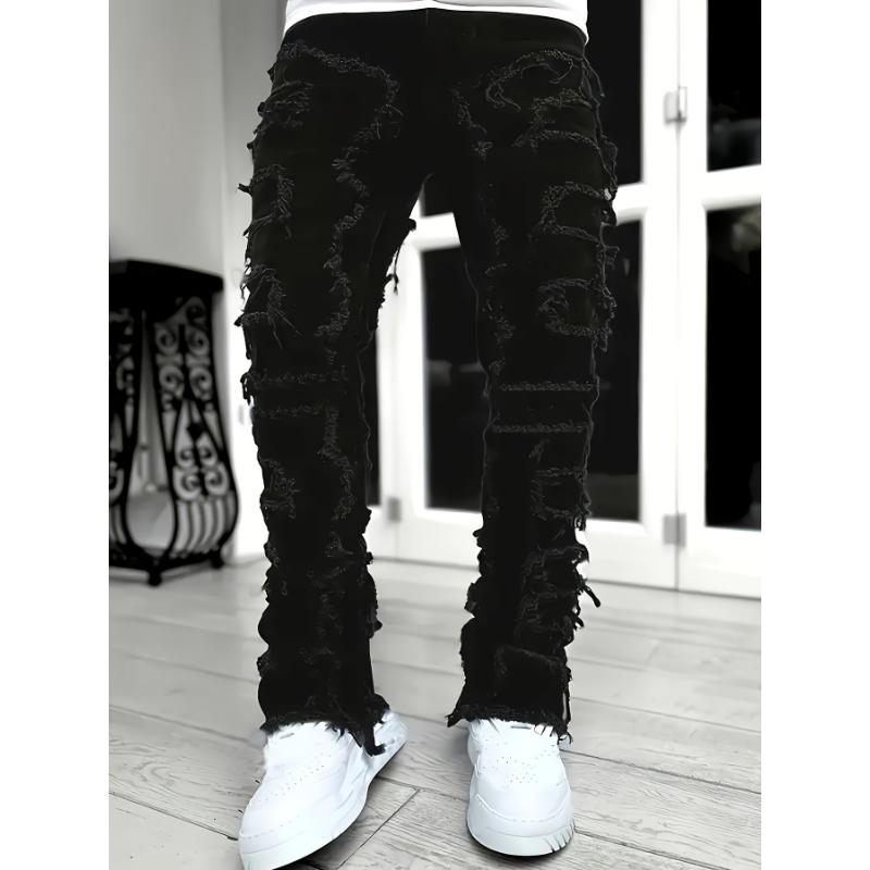 Men's Creative Tassel Straight Leg Jeans, Men's Casual Medium Stretch Street Style Hip Hop Barrel Jeans For All Seasons