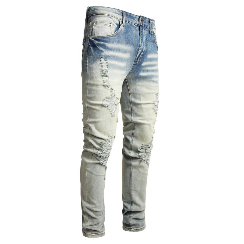 High Street Fashion Men Jeans Retro Blue Stretch Skinny Fit Hole Ripped Jeans Men Patched Designer Hip Hop Brand Pants Hombre