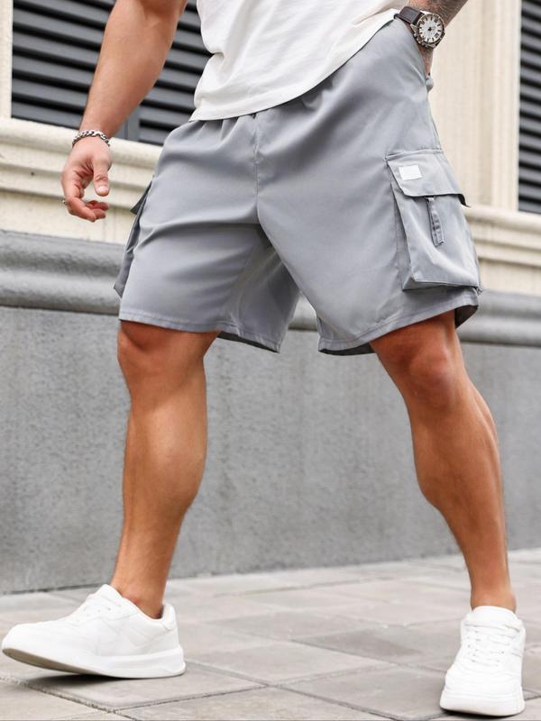 Men's Plus Size Plain Patched Pocket Cargo Shorts, Regular Fit Casual Drawstring Elastic Waist Shorts for Daily Wear, Shorts for Men, Men's Plus Size Bottoms for All Seasons