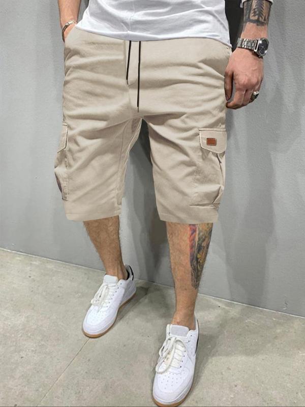 Plain Flap Pocket Patched Drawstring Waist Cargo Mens Shorts, Casual Streetwear, Gym Clothing, Straight Leg  Short Pants  for Summer, Woven Bottoms for Men