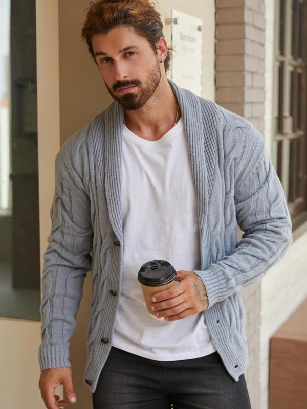 Men's Solid Button Front Cable Knit Cardigan, Regular Fit Casual Long Sleeve Shawl Collar Knitwear for Fall & Winter, Cardigan Sweater, Men's Knit Clothing for Daily Wear, Fall Outfits, Fallfreshness