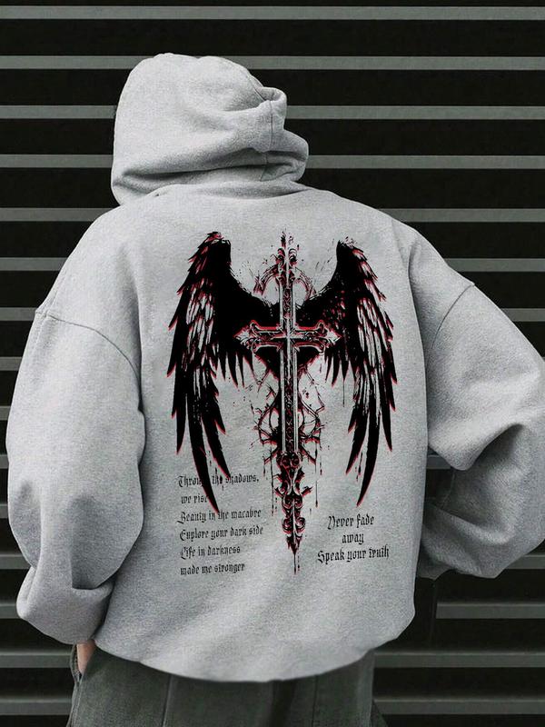 Men's Cross & Wings Print Pocket Drawstring Hoodie, Regular Fit Casual Drop Shoulder Long Sleeve Hooded Sweatshirt, Men's Fall & Winter Clothes