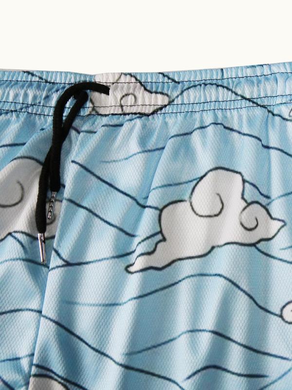 Men's All Over Cartoon Clouds Print Drawstring Waist Shorts, Regular Fit Casual Comfy Breathable Pocket Shorts, Men's Summer Bottoms for Daily Wear