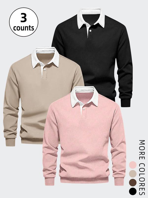 Men's Mixed Color Long Sleeve Polo Shirt, 2024 New Style Casual Regular Fit Warm Comfy Top for Fall & Winter, Men's Streetwear Clothes for Daily Wear