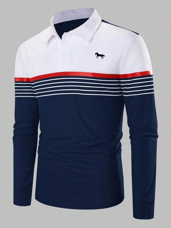 Men's Patchwork Striped Trim Polo Shirt, Regular Fit Casual Long Sleeve Half Button Front Top for All Seasons, Fashion Men's Clothes for Daily Wear