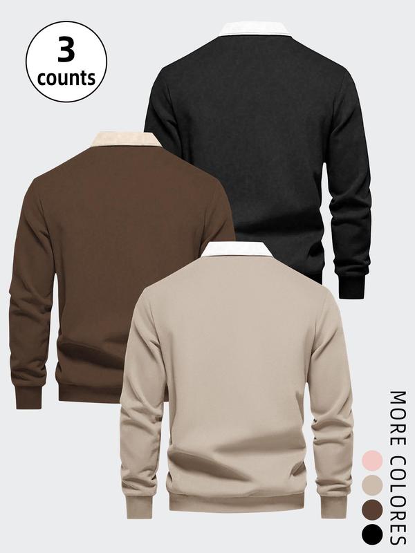 Men's Mixed Color Long Sleeve Polo Shirt, 2024 New Style Casual Regular Fit Warm Comfy Top for Fall & Winter, Men's Streetwear Clothes for Daily Wear