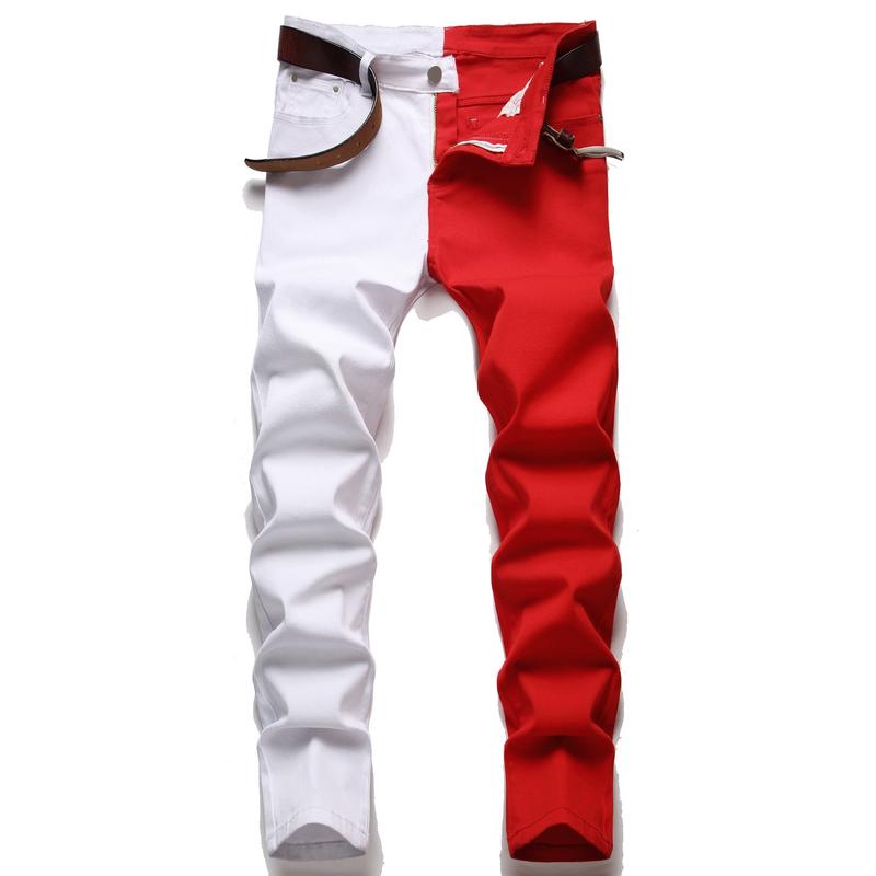 White Red and Black Stitching Men Jeans Slim Street Hip Hop