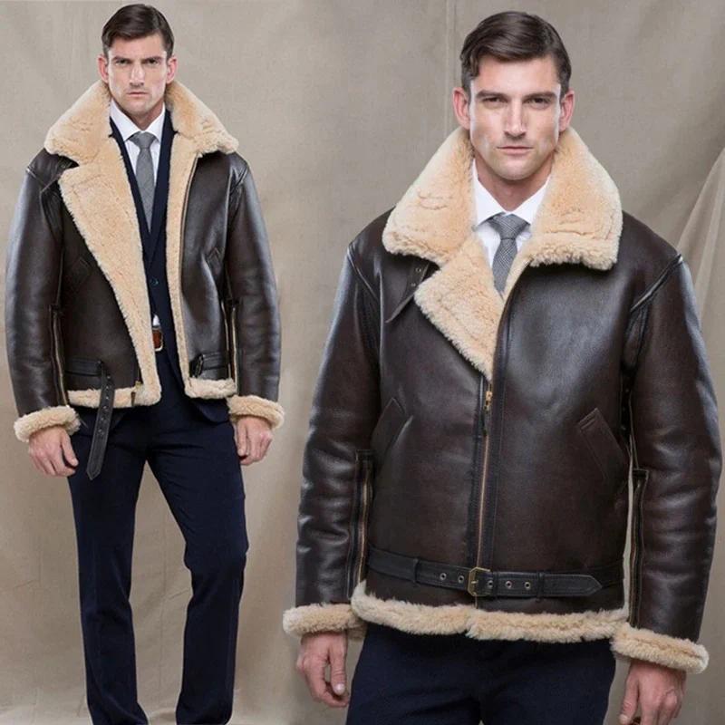 2022 Winter Bomber Leather Jacket Men Sheep Shearling Lambskin Warm Jackets Parka Pilot Men's Natural Sheepskin Fur Coat New