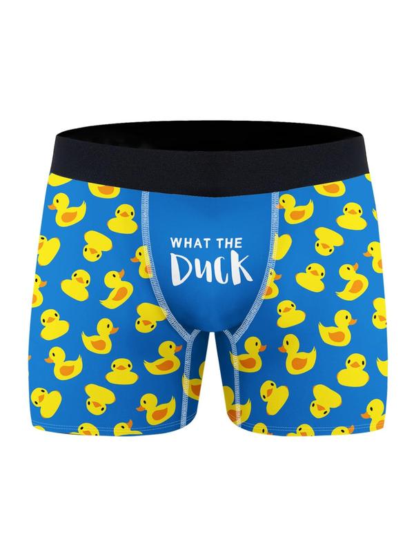 Men's Cartoon Duck & Letter Print Elastic Waist Boxer Brief, Slim Casual Soft Comfy Breathable Underwear for Daily Wear, Mens Underwear for All Seasons