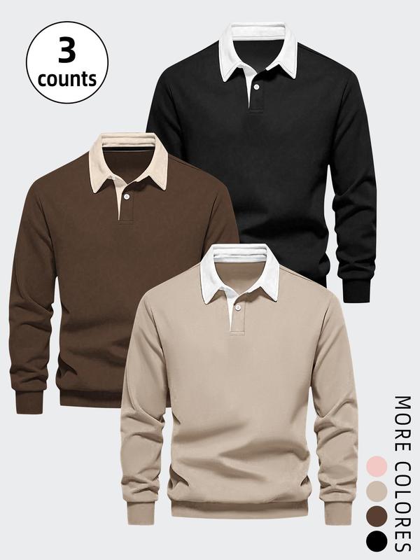 Men's Mixed Color Long Sleeve Polo Shirt, 2024 New Style Casual Regular Fit Warm Comfy Top for Fall & Winter, Men's Streetwear Clothes for Daily Wear