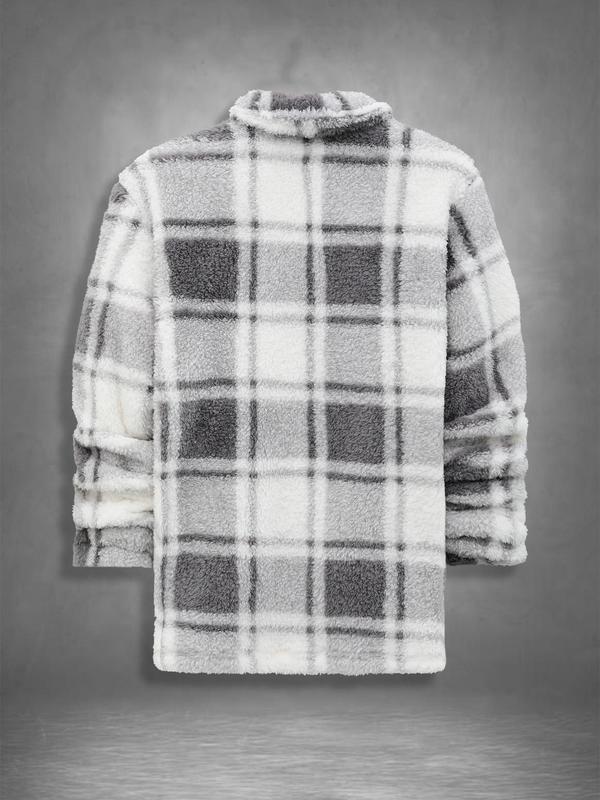 Men's Plaid Print Button Front Fuzzy Lounge Pajamas Jacket, Casual Long Sleeve Collared Outerwear for Fall & Winter, Men's Sleepwear for Daily Wear