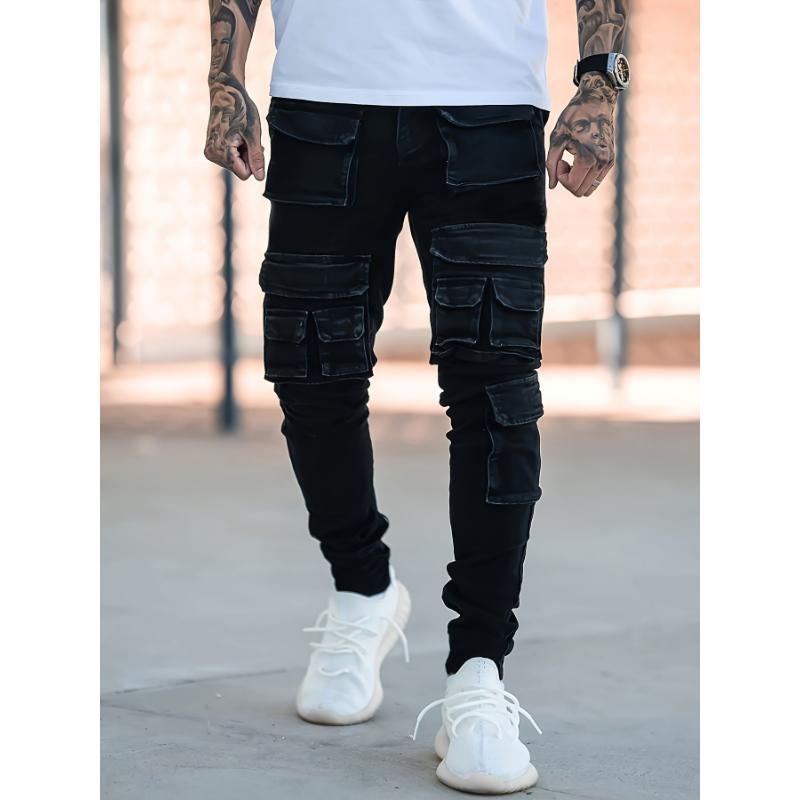 Stylish Multi-Pocket Skinny Fit Cargo Denim Pants - Fashionable Street Wear with Multiple Compartments, Comfortable Leisure Trousers for Everyday Activities - Versatile, Durable, and Fashion-Forward Design Jean