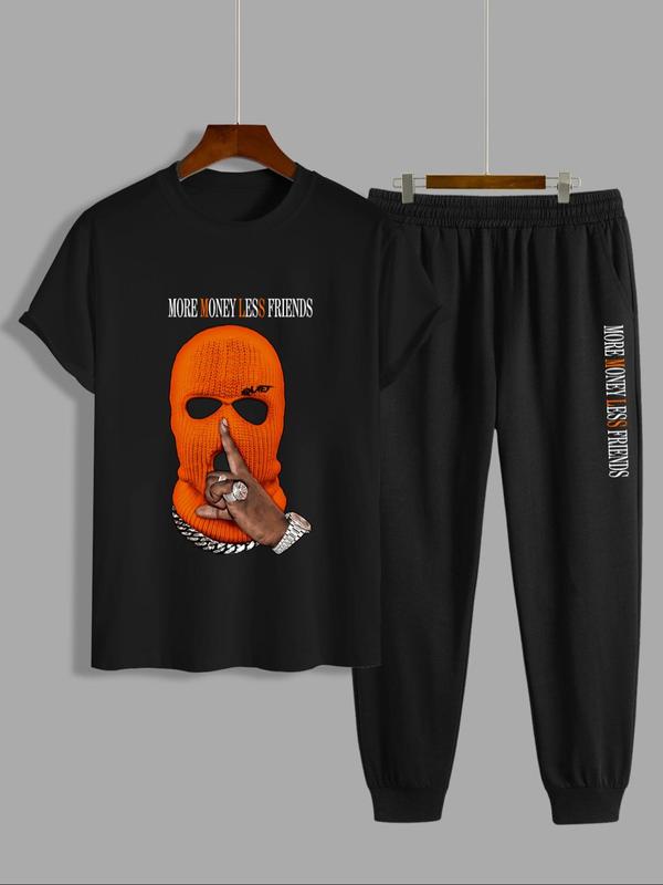 Two-Piece Set Men's Graphic Tee & Pocket Sweatpants, Regular Fit Round Neck Short Sleeve T-shirt & Jogger Pants, Casual Fashion Cozy Breathable Men Two-piece Outfits for Fall & Winter