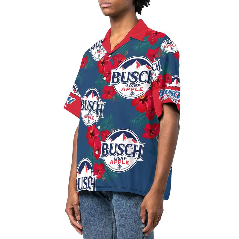 Hawaii Shirt Busch Light Apple Logo Hibiscus Flower Pattern Blue Red Hawaiian Aloha Shirt