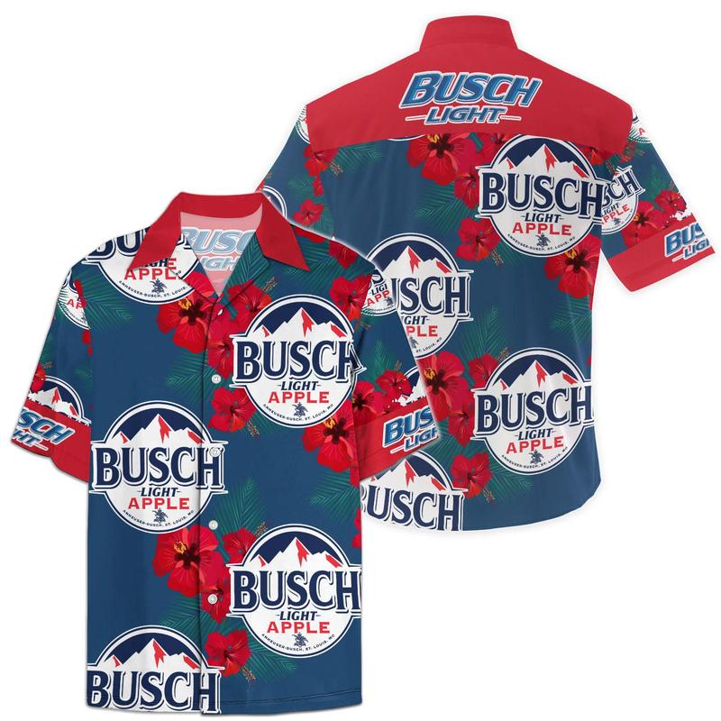 Hawaii Shirt Busch Light Apple Logo Hibiscus Flower Pattern Blue Red Hawaiian Aloha Shirt