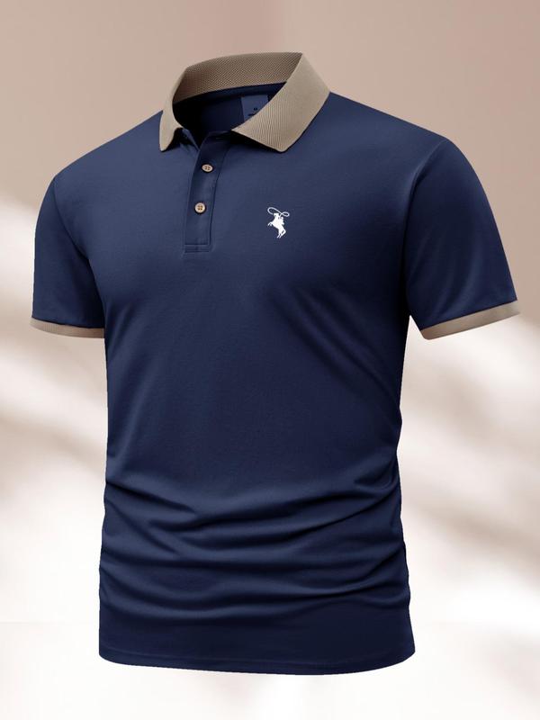 Men's Regular Fit Colorblock Contrast Binding Polo Shirt, Casual Short Sleeve Button Collar Top for Summer, Fashion Men's Clothes for Daily Wear