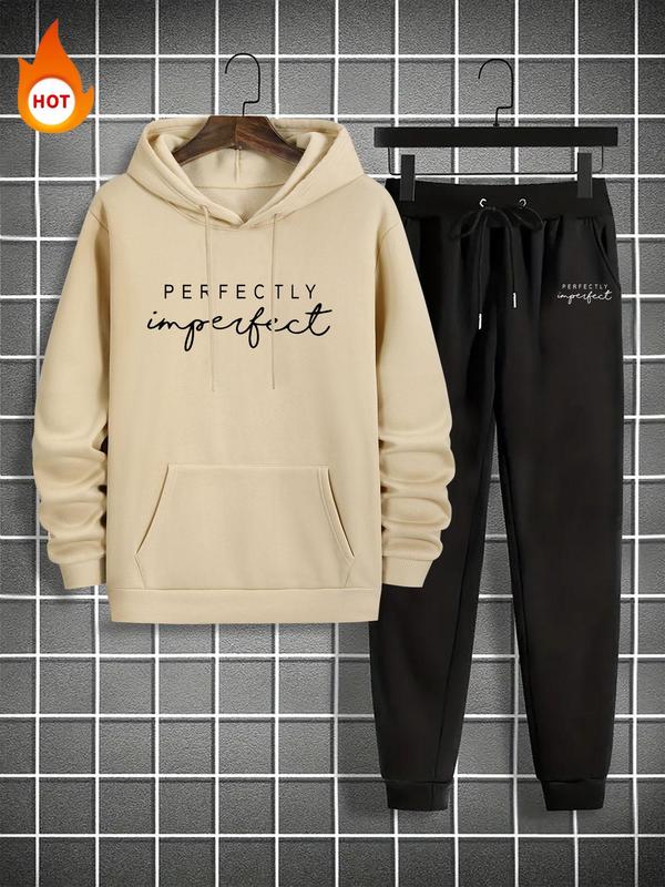 Men's Letter Print Pocket Thermal Lined Hoodie & Drawstring Waist Sweatpants Set, Regular Fit Casual Long Sleeve Hooded Pullover & Jogger Pants, Men's Fall & Winter Clothes