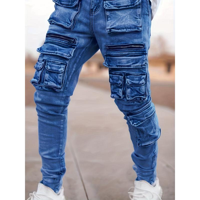 Stylish Multi-Pocket Skinny Fit Cargo Denim Pants - Fashionable Street Wear with Multiple Compartments, Comfortable Leisure Trousers for Everyday Activities - Versatile, Durable, and Fashion-Forward Design Jean